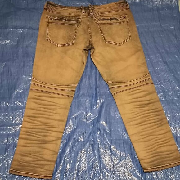 Rock Revival Moto Biker Tapered Faded Tan Leg Jeans “Elliot” Great Condition - Picture 5 of 11